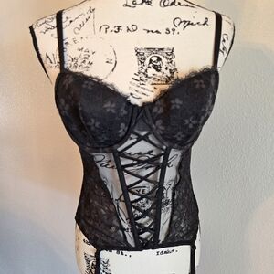 Victoria Secret Corset All Floral Lace Bustier Black Boned Hook & Eye Large